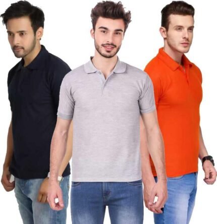 Men's Polo Neck Short Sleeve Casual Tshirt Combo of Dark Blue, Orange, Grey colors (Pack of 3)