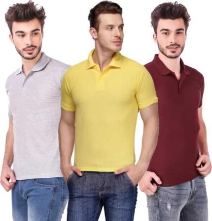Men's Polo Neck Short Sleeve Casual Tshirt Combo of Maroon, Grey, Yellow colors (Pack of 3)